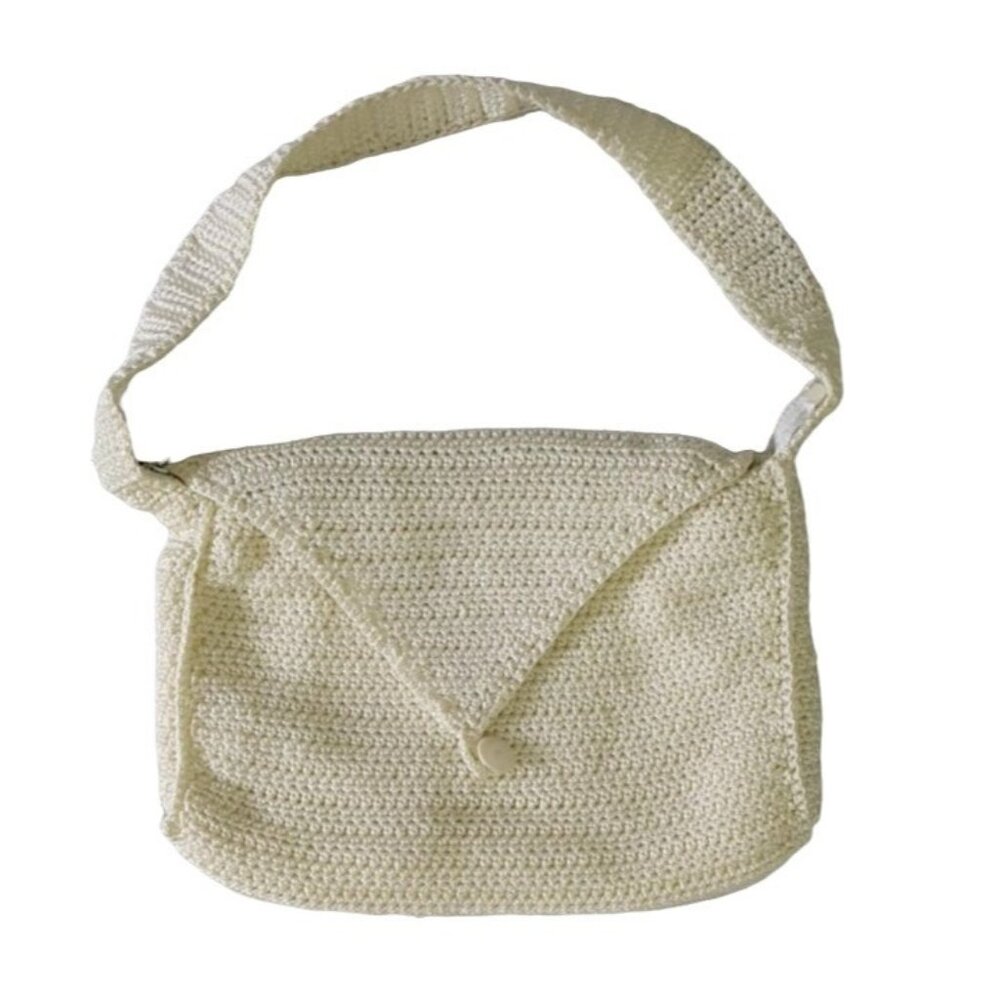 Womens Retro Boho Shoulder Bag Cream 10.5" Crochet Flap Button Zipper Pockets